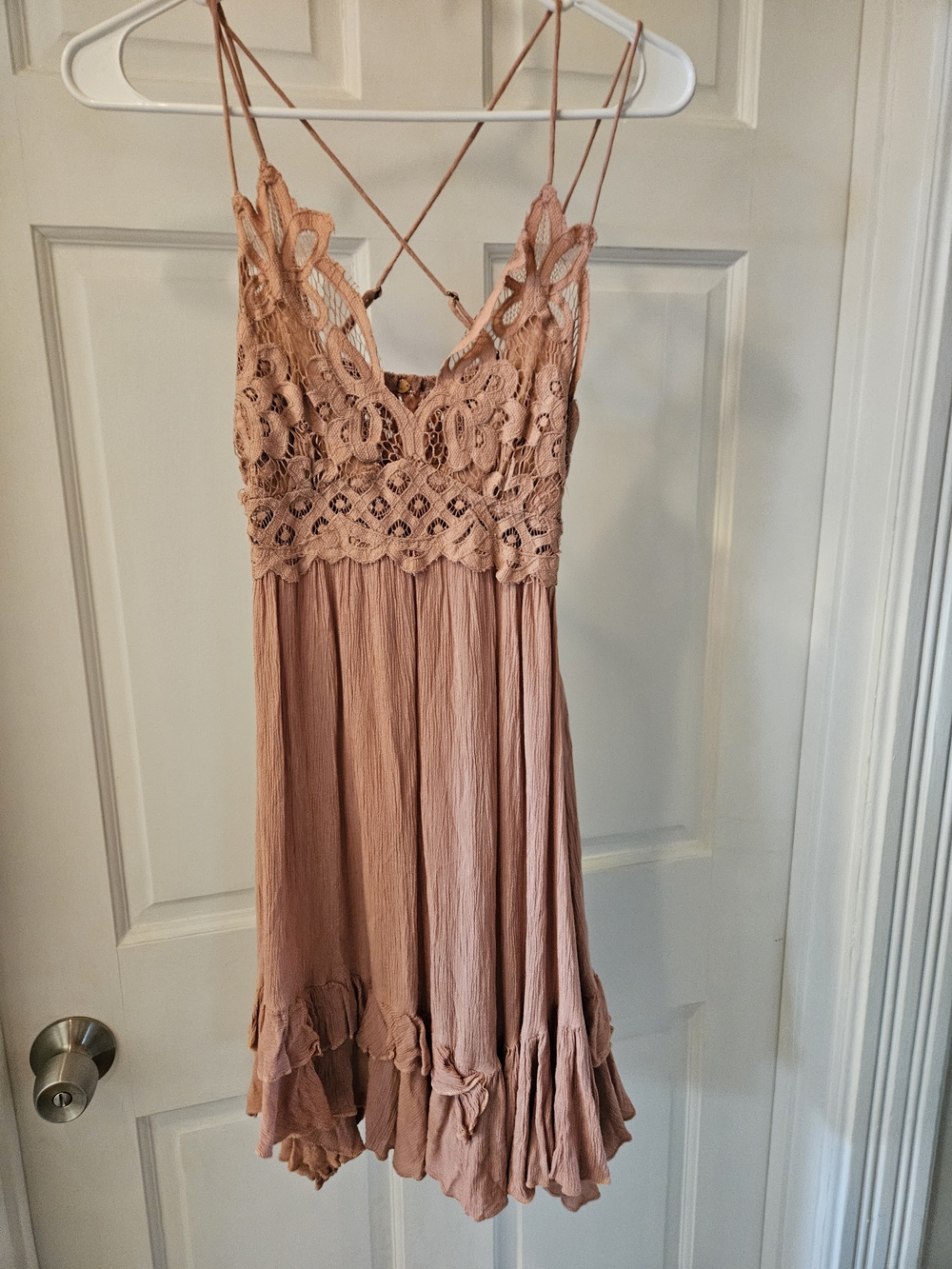Free People Boho Lace-Detail Spaghetti Strap Dress - Blush Pink